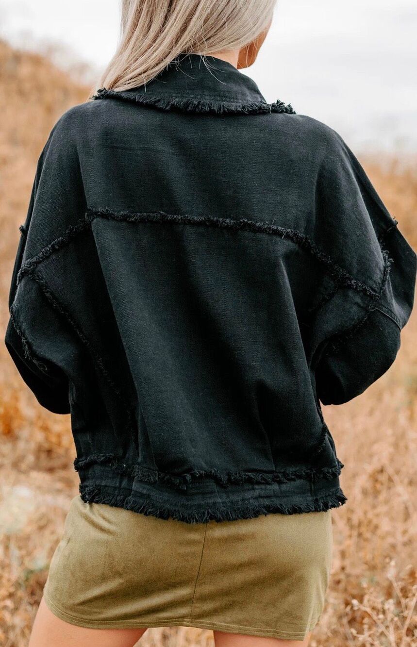 Black Oversized Raw Hem Denim Shacket Jacket Frayed Trucker Button Up HYFVE L - Picture 6 of 15